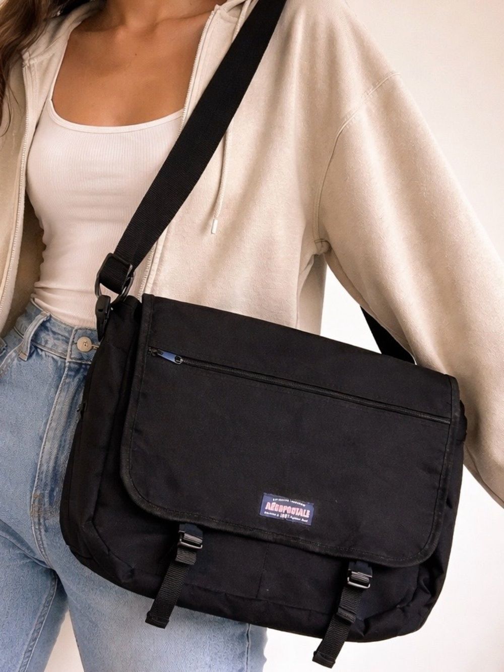Vintage Aéropostale Black Messenger Bag Crossbody Laptop School Expandable